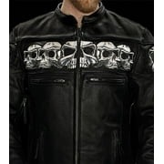 First Mfg Co - Savage Skulls - Mens Motorcycle Biker Riding Black Leather Jacket - Large - Reflective skull design on chest, shoulders, and upper back