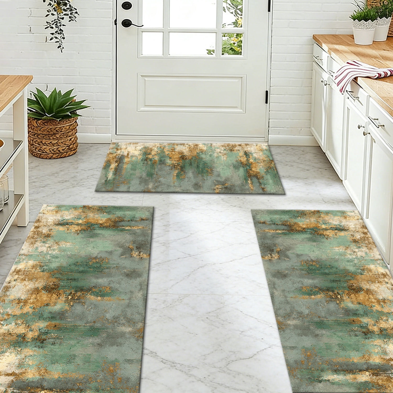 3-Piece Farmhouse Kitchen Rug Set, Washable Anti Slip Striped Floor Mats in 3 Sizes, Stain Resistant Decor Rugs for Kitchen Hallway Bathroom Home Christmas Decor