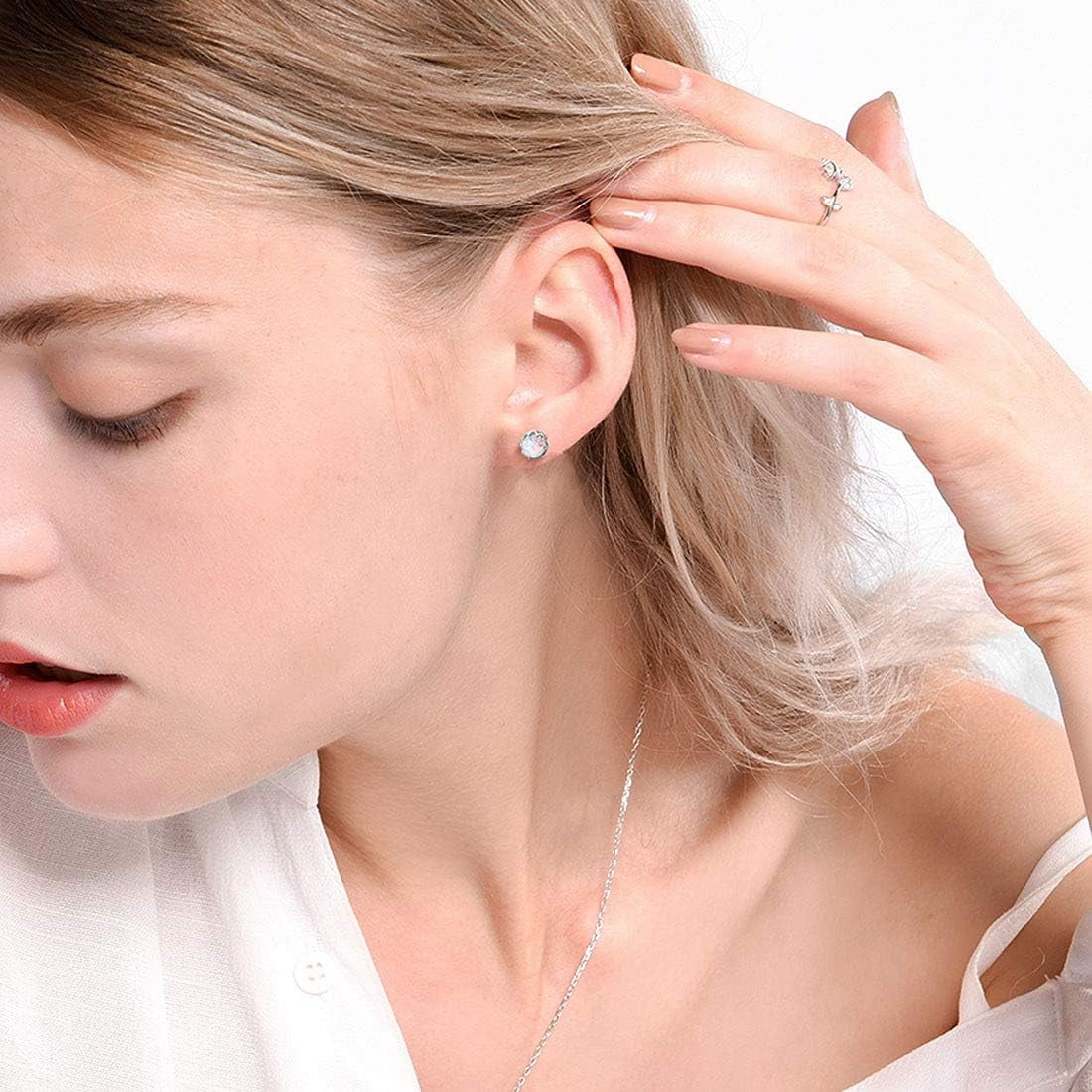 ChicSilver Round Crown Stud Earrings for Women 925 Sterling Silver Created White Opal Zircon Studs Jewelry Gift Hypoallergenic Earrings for Sensitive Ears