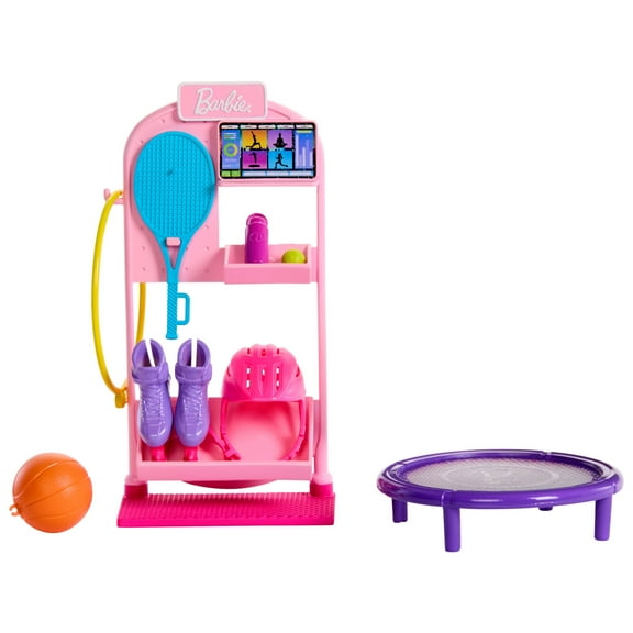 Barbie World Sport Rack Toy Playset with Doll Accessories, Trampoline, Skates [Walmart Exclusive]