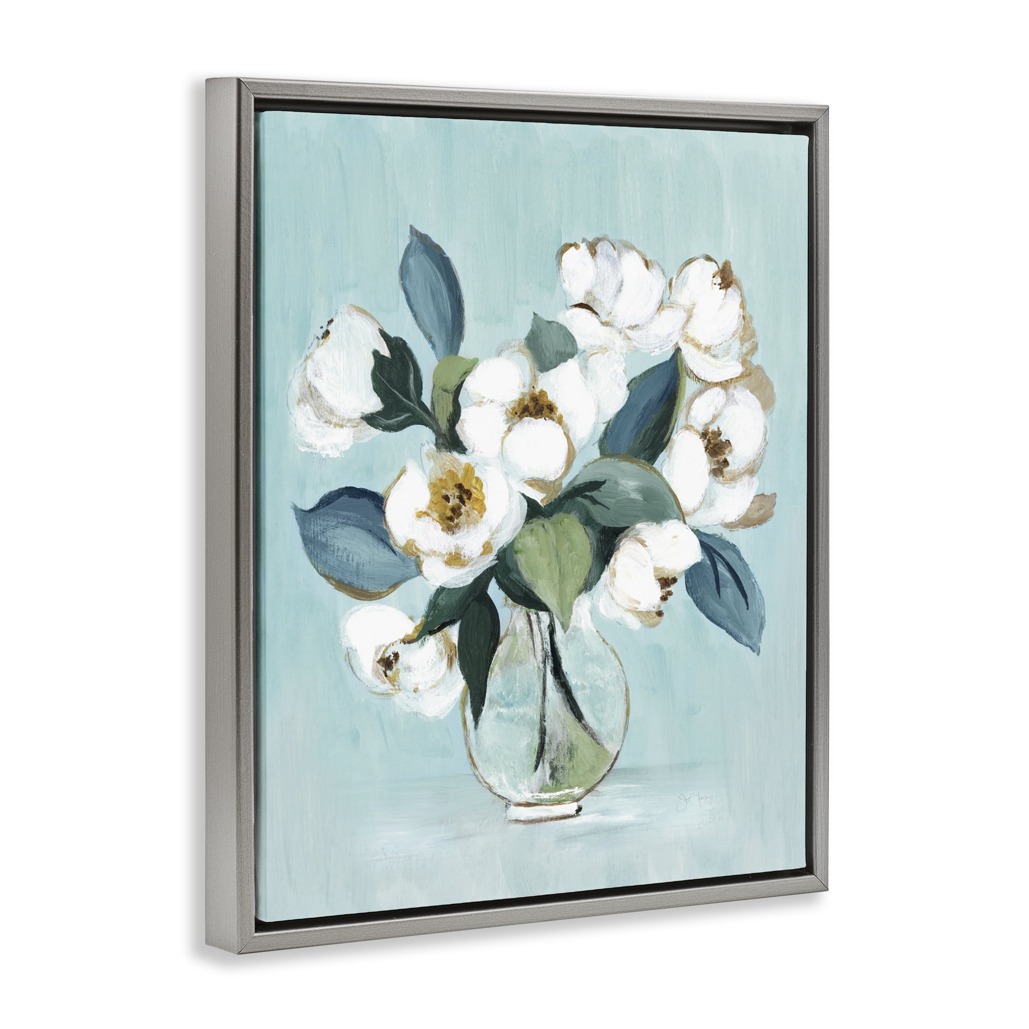 Stupell Industries Magnolia Arrangement over Blue Gray Framed Floater Canvas Wall Art, design by Janet Tava