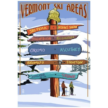 Vermont - Ski Areas Sign Destinations Poster - (Best Ski Areas In Vermont)