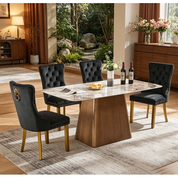 Mid-Century Modern Velvet Dining Chairs Set of 2, Black with Gold Legs