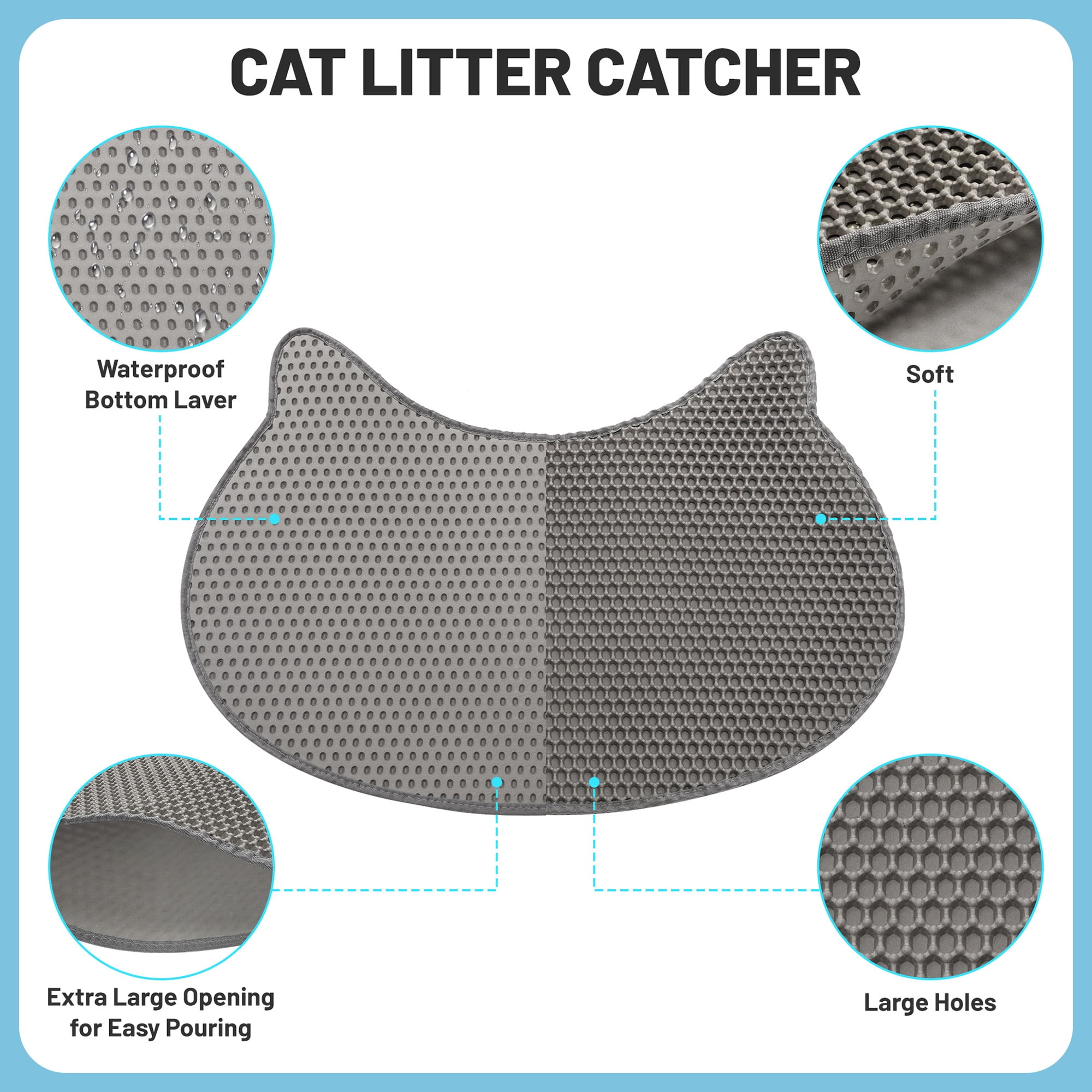 Coziwow Cat-Head Cat Litter Mat, Waterproof Kitty Litter Trapping Mat, Double Layer Mat, Easy to Clean, Dark Gray