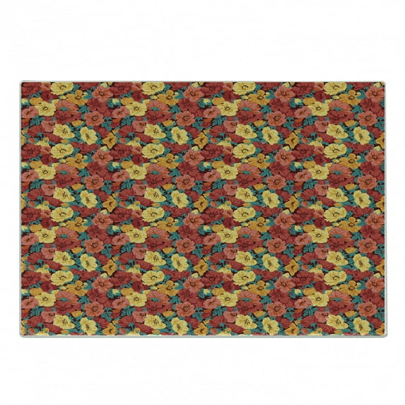 Anemone Flower Cutting Board, Retro Style Floral Pattern Romantic Botanical Spring Composition, Decorative Tempered Glass Cutting and Serving Board, Small Size, Dark Coral Teal Yellow, by Ambesonne