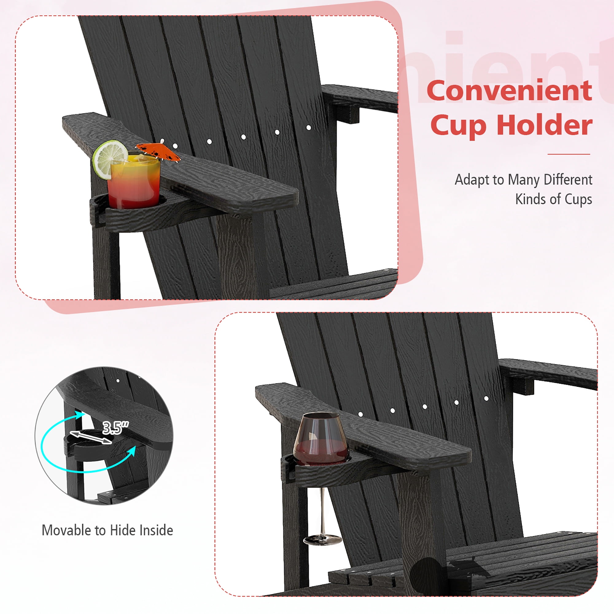 Gymax Patio HIPS Outdoor Weather Resistant Slatted Chair Adirondack Chair w/ Cup Holder Black