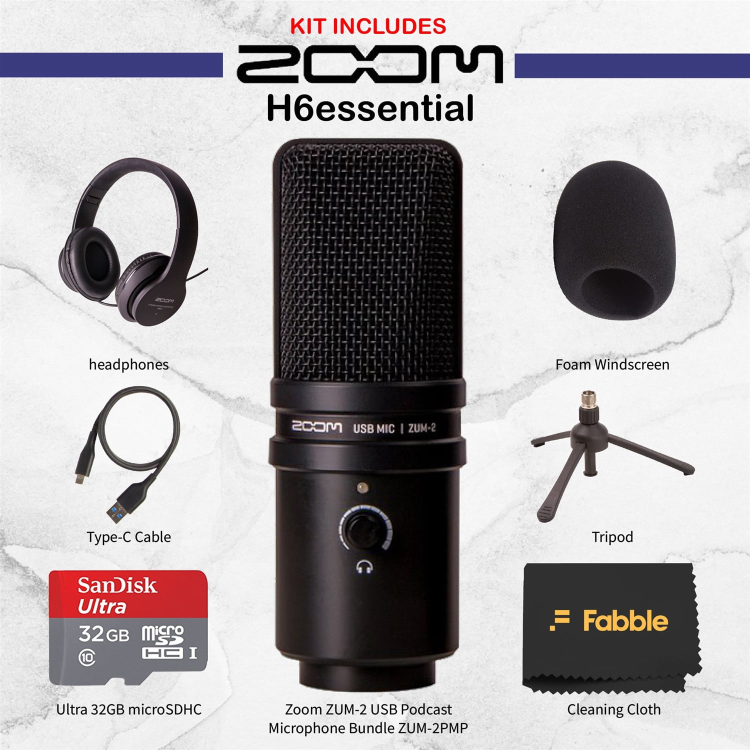 Zoom ZUM-2 Podcasting Bundle – USB Condenser Microphone, Headphones, Tripod Stand, Foam Windscreen, USB Cable, 32GB microSDHC Card w/ Adapter & Cleaning Cloth