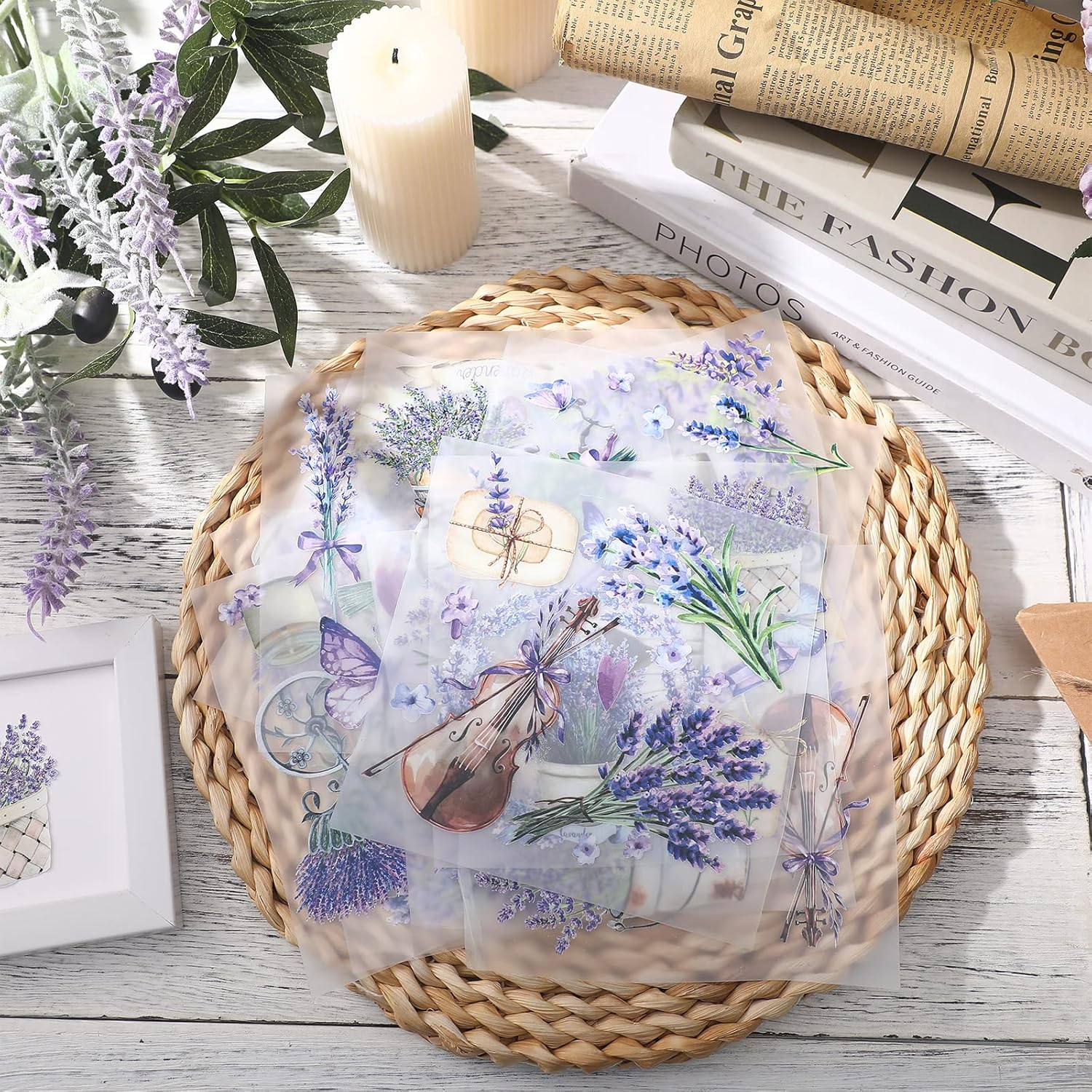 20 Sheets Lavender Rub on Transfers for Crafts and Furniture Purple Floral Rub on Transfers Stickers Vintage Flower Decals for DIY Wood Home Paper Decor, 5.9 x 5.9 Inch