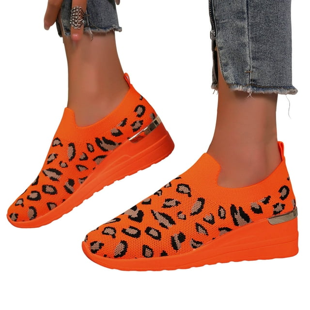 Women's Leopard Wedge Slip on Walking Shoes Comfortable Flying Woven Platform Loafers Work Sneakers