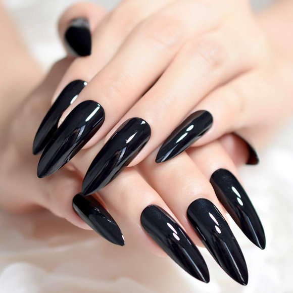 Extra Long Sharp Classic Solid Black Stiletto False Nails Tips Oval Stilettos Bright Black UV Gel Salon Acrylic Fake Nail Art