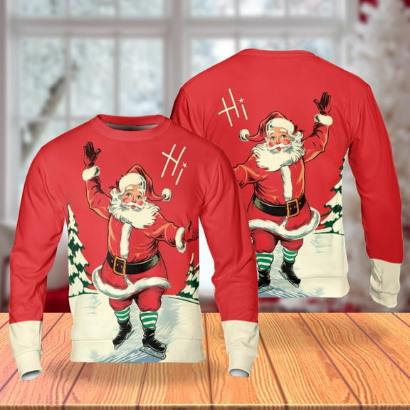 Retro Santa Hi Christmas Sweatshirt, Vintage Ice Skating Santa Red Holiday Crewneck, Classic Christmas Pullover for Men Women