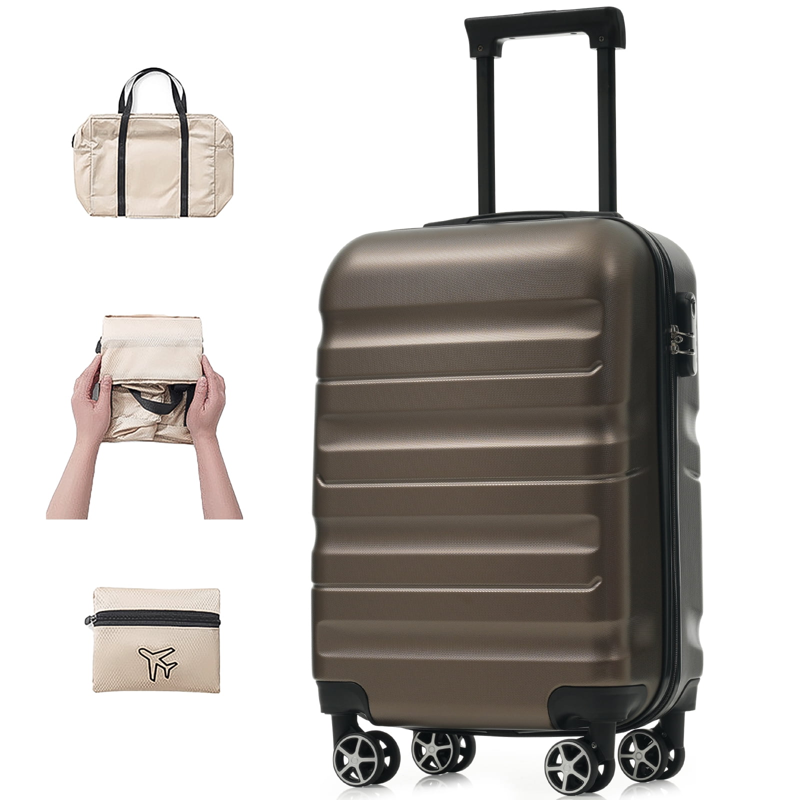 Hardshell ABS Carry-On Luggage with Spinner Wheels, Lightweight Travel Suitcase Set with Foldable Duffel Bag for Men & Women, 20Inch