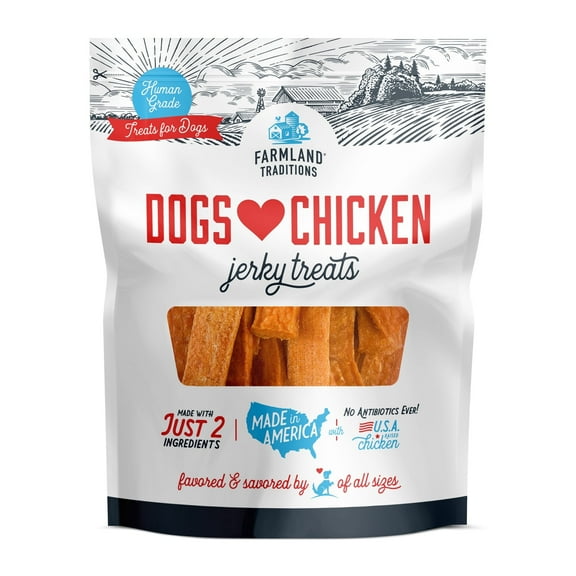 Farmland Traditions Dogs Love Chicken Jerky Dog Treats, Premium Two-Ingredient Dog Jerky with USA-Raised, Human-Grade Chicken & No Antibiotics Ever, 3-Pound Bag