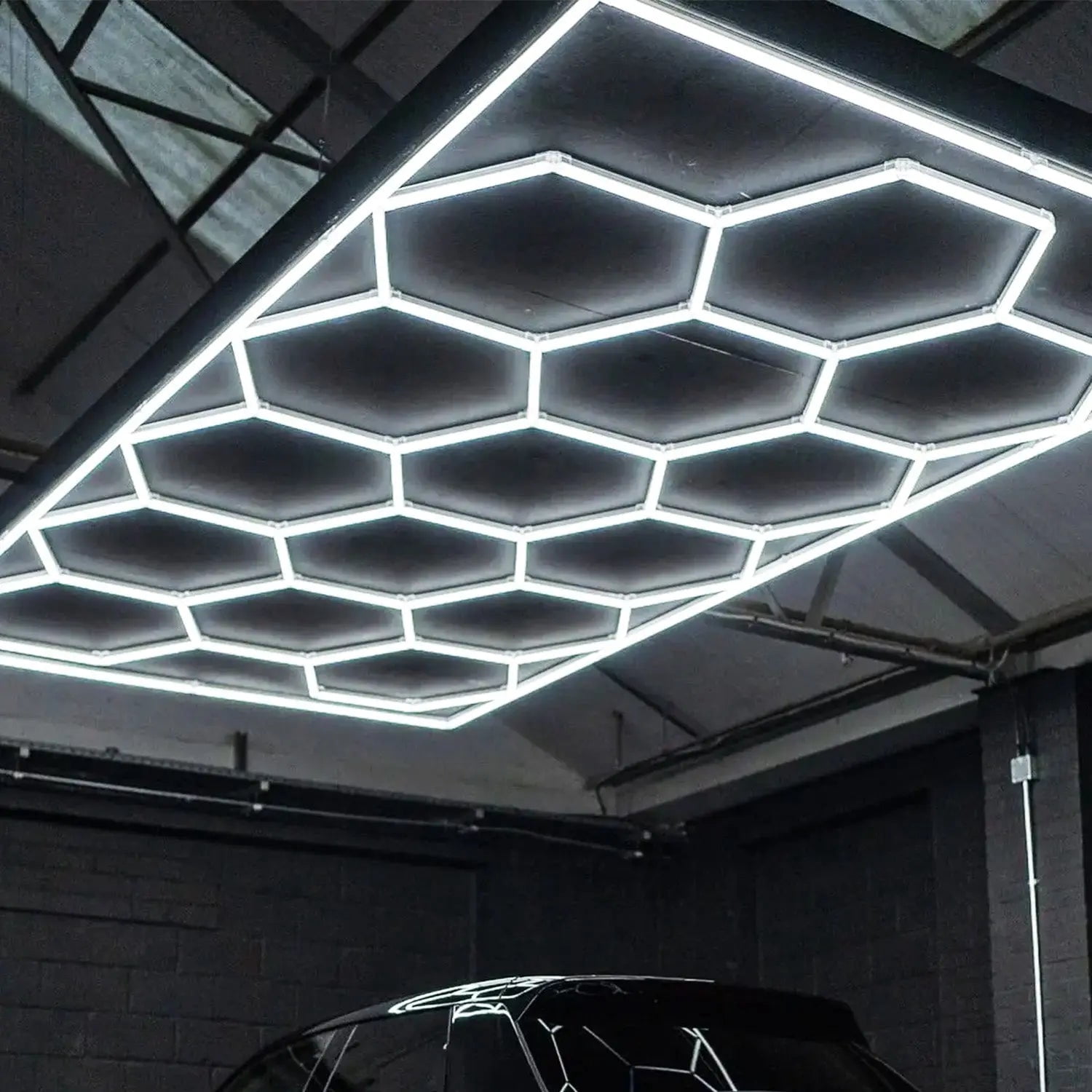 Hexagon Garage LED Light, 14 Grid Honeycomb System with Outer Rectangle Frame 96 INCH x 190 INCH