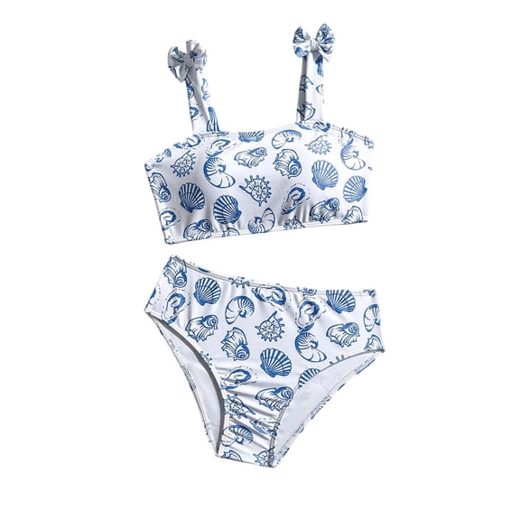 CAIVO Kids Girls Two Piece Swimwear Summer Blue White Seashell Print Bikini Tankini Swimsuit For Girls Youth Swim Leisure Beachwear