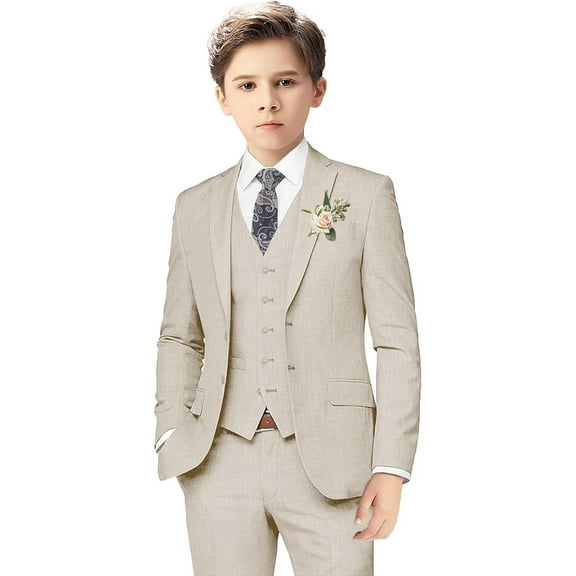 Boys Linen Suits for Kids Summer Slim Fit 3 Piece Beach Wedding Outfit Light Weight Tuxedo Linen Suit Set
