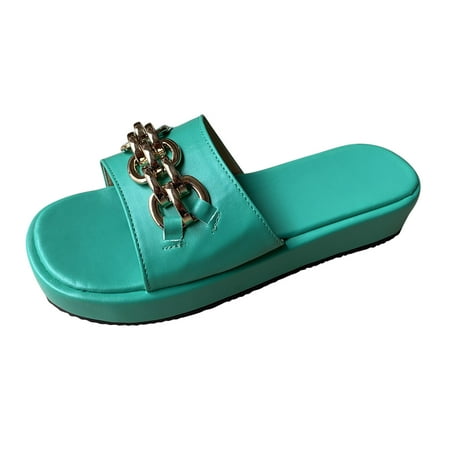 

SEMIMAY Ladies Fashion Summer Solid Color Leather Metal Buckle Decorative Open Toe Thick Slippers