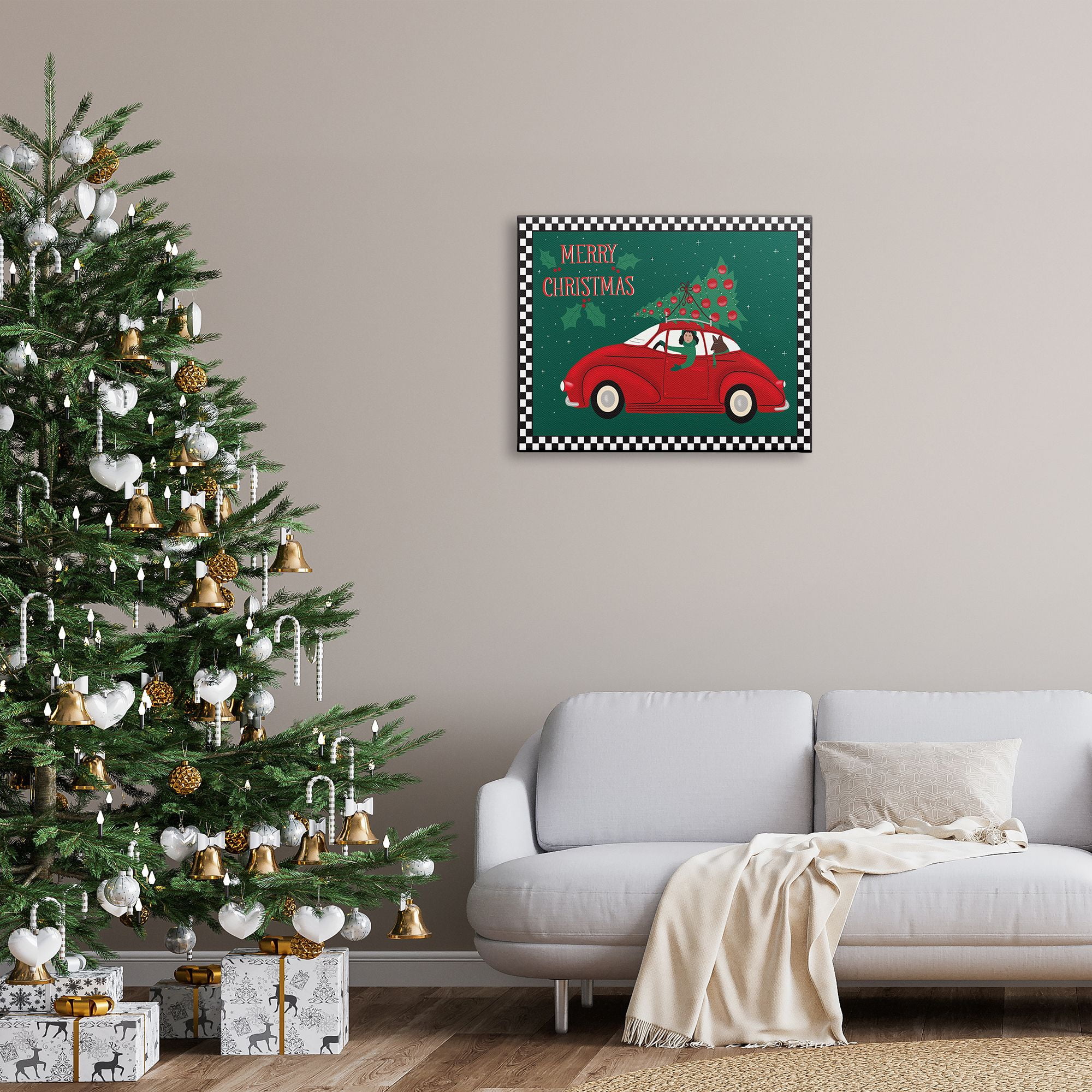Stupell Indtries Merry Christmas Greeting Woman Sports Car Christmas Tree,30 x 24,Design by Darlene Seale