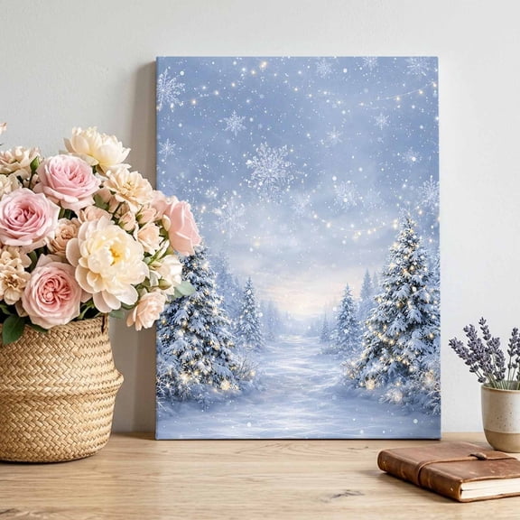 Snowy Pine Trees Canvas Wall Art, Christmas Winter Glowing String Lights Snowflakes Pictures Wall Decor Wooden Framed Artwork Art Prints for Living Room Hallway Bedroom Office 12"x16"