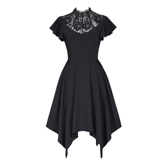 Women's Black Gothic Dress with Lace Collar, Vintage Asymmetrical Hemline Gothic Style Dress