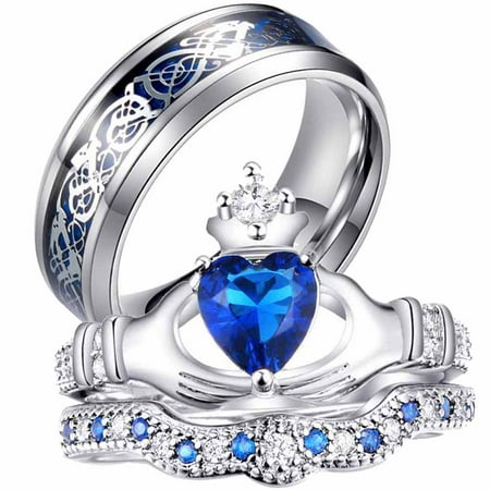 ringheart 2 Matching Rings His and Hers Ring Couple Rings Claddagh Ring Wedding Ring Sets for Him and Her Womens Ring Sets Men Wedding Band