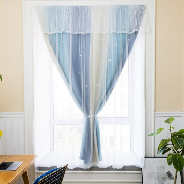 Double Layers Tulle Cloth Blackout Window Curtain Panel Self-Adhesive Curtain Drape for Bedroom Living Room