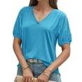 thumbnail image 2 of Summer Short Sleeve Women V Neck Solid Puff Sleeve T Shirt, 2 of 6