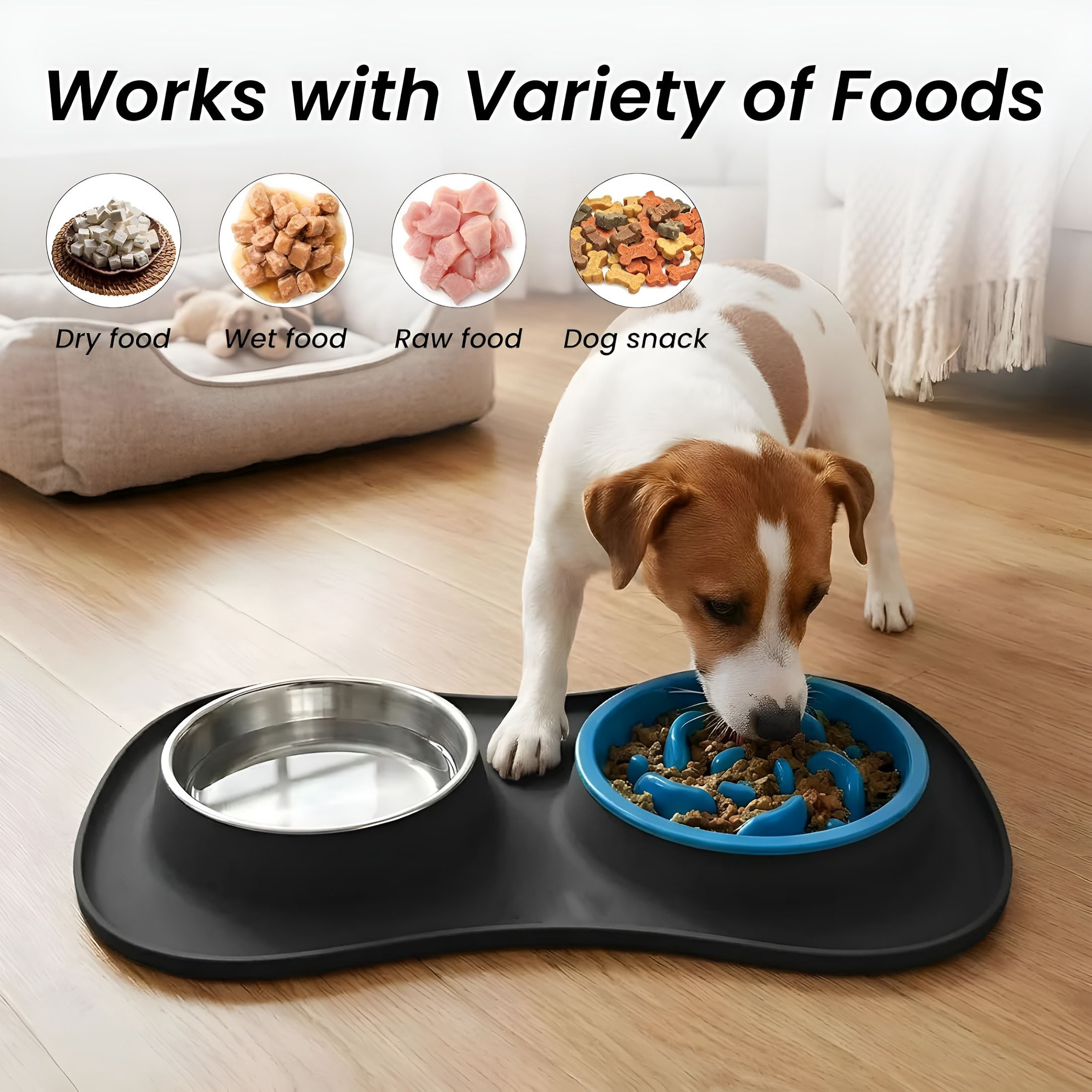ACDANC Slow Feeder Dog Bowls Stainless Steel Food and Water Bowl Set 3 in 1 No Spill Waterproof Silicone Pet Food Mat Puppy Feeding Station for Large Medium Small Breed Non Slip Metal Dish Tray