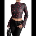 thumbnail image 1 of Camiseta de Larga con Estampado Floral Transparente Y2K, Cuello Redondo, Mangas Acampanadas y para Mujer Negro XL, 1 of 10