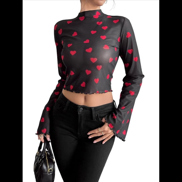 Camiseta de Larga con Estampado Floral Transparente Y2K, Cuello Redondo, Mangas Acampanadas y para Mujer Negro XL