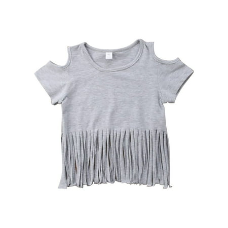 

Summer New Gray Tassel Toddlers Girls Baby Personality O-Neck Short Sleeve Tee Shirt Child Clothing Streetwear Kids Dailywear Outwear
