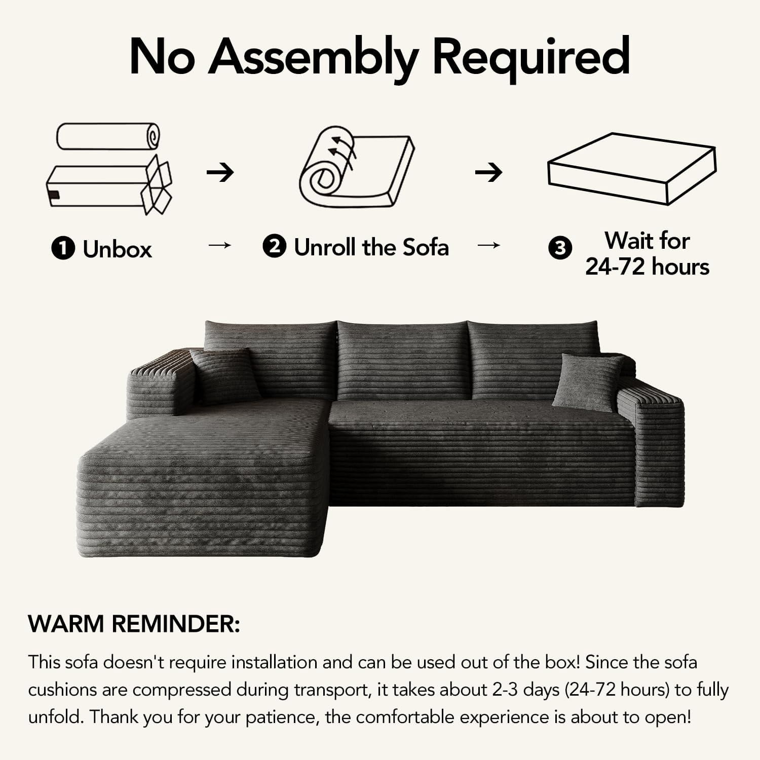 103" Cloud Sectional Sofa, Modern L Shaped Deep Seat Couch, Plush Corduroy Upholstered Sofa No Assembly, Living Room