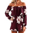 thumbnail image 2 of uvwlwu Women Floral Print Off Shoulder Romper Ruffle Layer Long Cuffed Sleeve Elastic High Waist Short Jumpsuit Stylish Casual Everyday Summer Vacation Outfit,L, 2 of 4