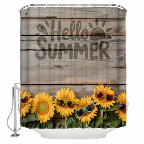 Small Stall Shower Curtain 48x72 Inch Narrow Half Size Sunflower Bath Curtains Bathroom Decor Summer Sunglasses Farm Plant Woodgrain Brown Waterproof Fabric Shower Curtain Set with Hooks 48 Inch