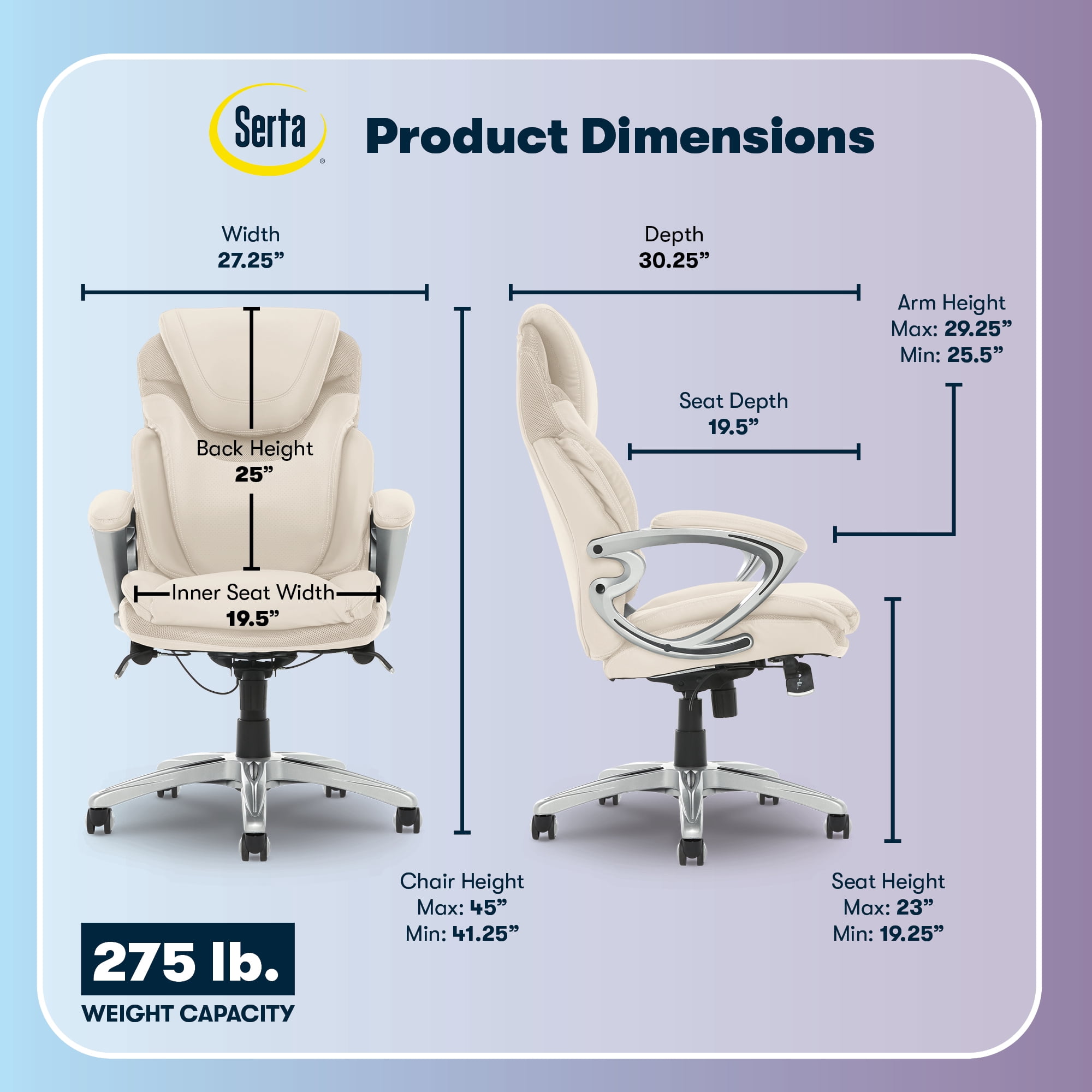 Serta Bryce Executive Office Chair, Ergonomic Computer Desk Chair with Patented AIR Lumbar Technology, Adjustable Height, Memory Foam Body Pillows, 360° Swivel Rolling Base, Bonded Leather, Cream
