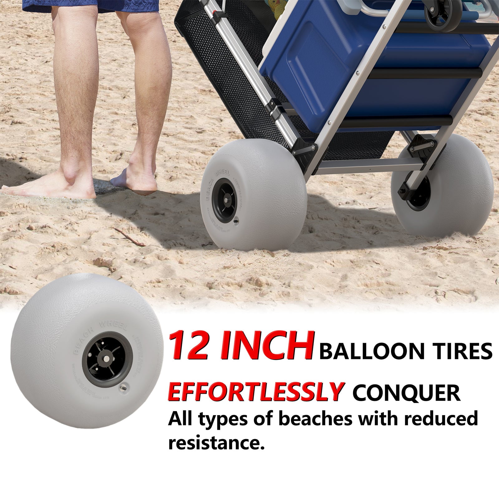 GDLF Foldable Beach Cart with Adjustable Handle and 12" Balloon Wheels, Heavy Duty Aluminum  220LBS Capacity