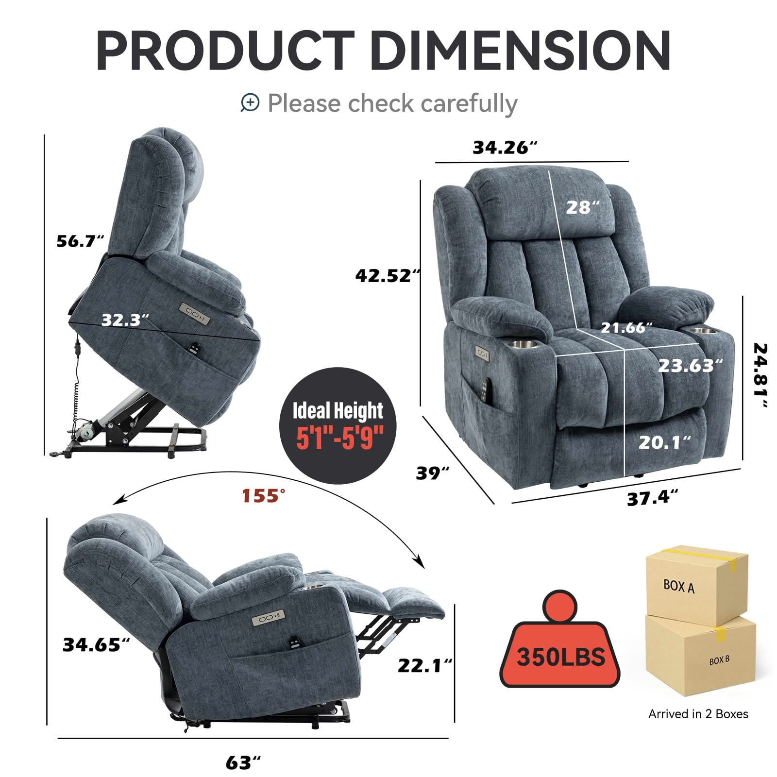 MAYEERTY Brown 350lbs Power Lift Recliner Chair, 8-Point Massage Heat USB Cup Holders 40"x36"x45" for Elderly