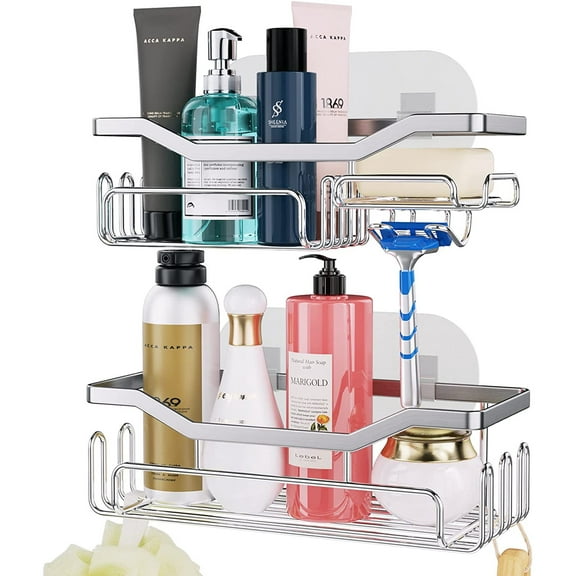 Adhesive Shower Caddy Shower Organizer Shelf Build in Shampoo Holder, No Drilling Rust Proof Stainless Steel Shower Storage Rack with 11 Hooks for Hanging Shower Ball and Razor