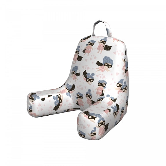 Retro Reading Pillow, Pencil Drawn Baby Girl Heroine with Eye Mask and Cape with Hearts Background, Bedrest Cushion with Back Pocket and Washable Cover, 2 Sizes, by Ambesonne