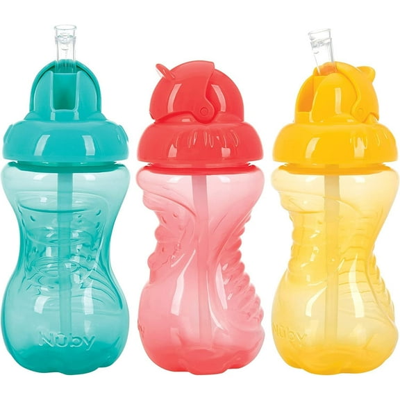 Nuby No-Spill Flip-It Cup, 10 Ounce Aqua/Coral/Yellow