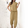 thumbnail image 2 of Penkiiy Womens Summer Cotton Linen 2 Piece Outfits Crewneck Half Sleeve Long Pants Jumpsuit Se XL Khaki, 2 of 6