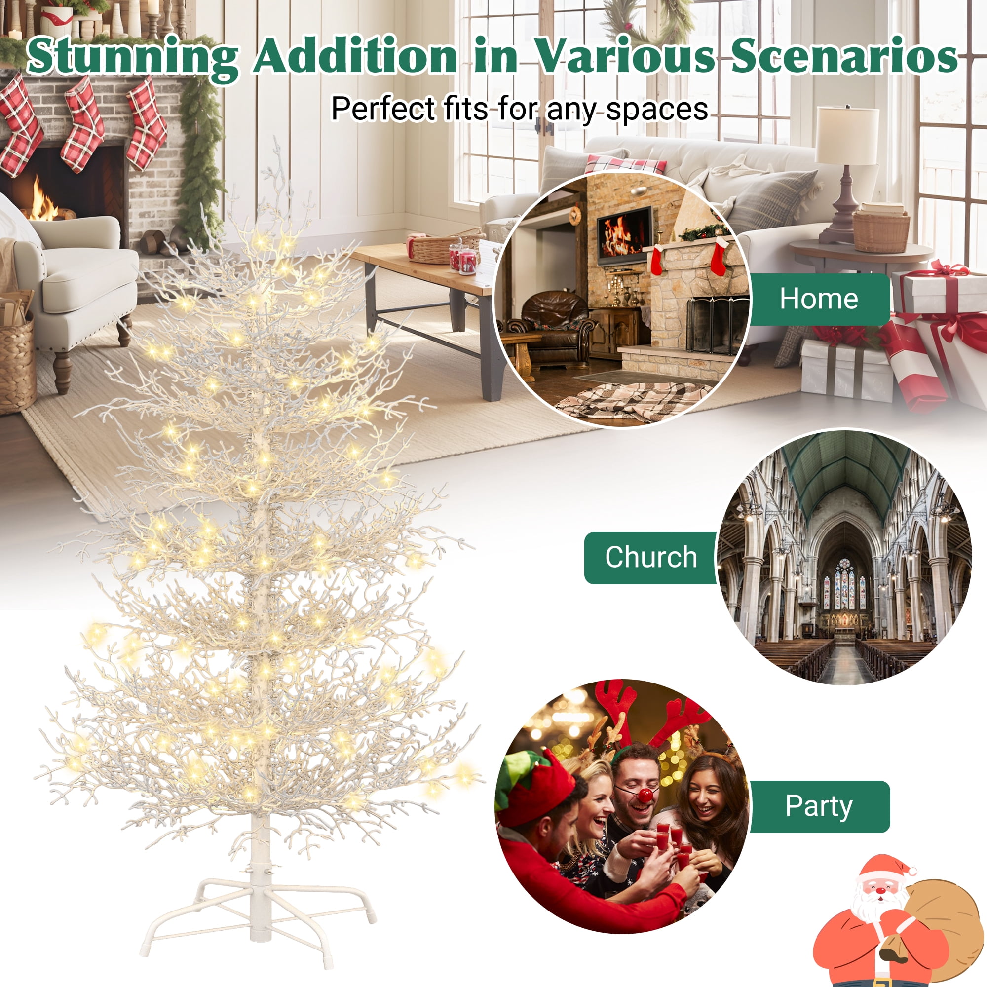 Euroco 4FT Pre-lit Aspen Fir Artificial Christmas Tree, Hinged Xmas Tree 280 Snow Flocked Branch Tips, 230 Warm Yellow LED Lights, Holiday Coral Christmas Tree for Home Party