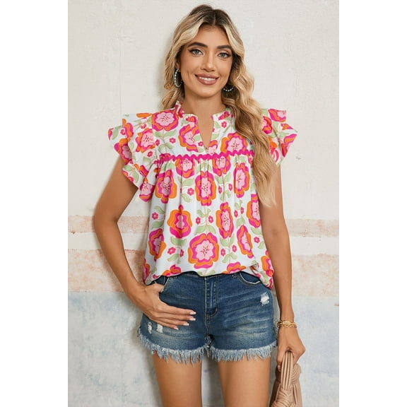 Floral Ruffled Sleeve Ric-rac Trim Split Neck Loose Blouse