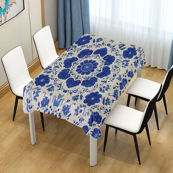 54x54 Inch Tablecloth Polyester Square Tablecloth for Home Kitchen Dinner Decor Blue and White Batik Pattern