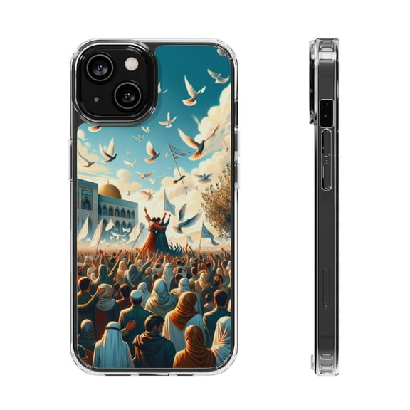 DistinctInk Hybrid (Acrylic / TPU) Clear Slim Fit Case for Apple iPhone 14 (6.1" Screen) - "Unity and Harmony: Embracing Peace in the Middle-East"