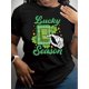 thumbnail image 1 of Women's "Lucky Season" St. Patrick's Day T-Shirt - Casual Crew Neck, Short Sleeve, Black with Green Shamrock & Skeleton Hand Graphic, Polyester, Machine Washable, Ladies T Shirts, 1 of 7
