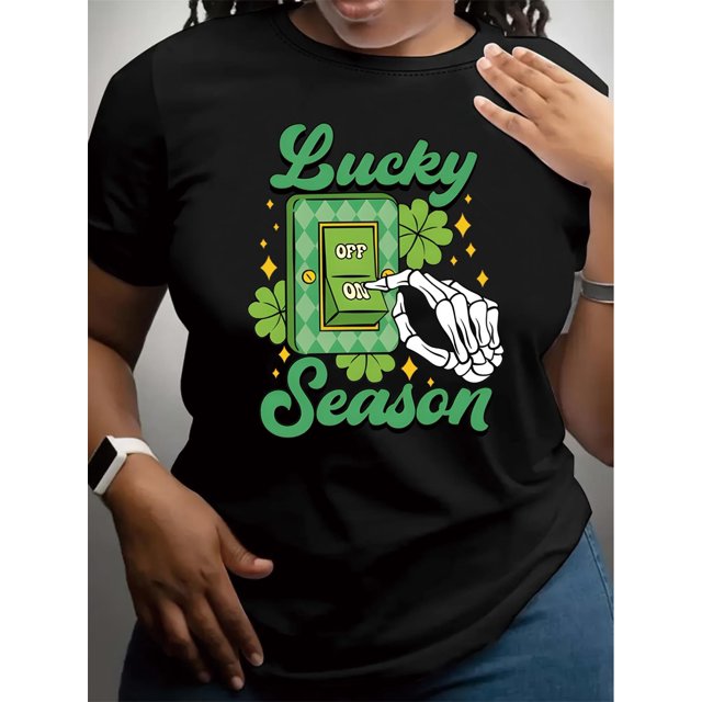Camiseta "Lucky Season" del Día de San Patricio para mujer - Cuello redondo informal, manga corta, negra con estampado de trébol verde y mano de esqueleto, algodón, lavable a máquina, camisetas para m