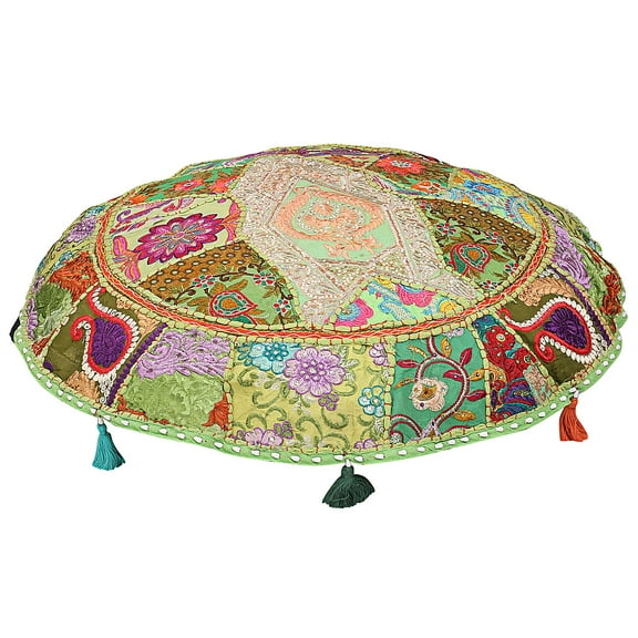 Stylo Culture Ethnic Yoga Throw Pillows For Bedroom Vintage Patchwork Cushion Cover Parrot Green Giant 40x40 Inch Decorative Round Decor Seating Tuffet Pouf Cover Footstool Cotton Embroidered 1 Pc