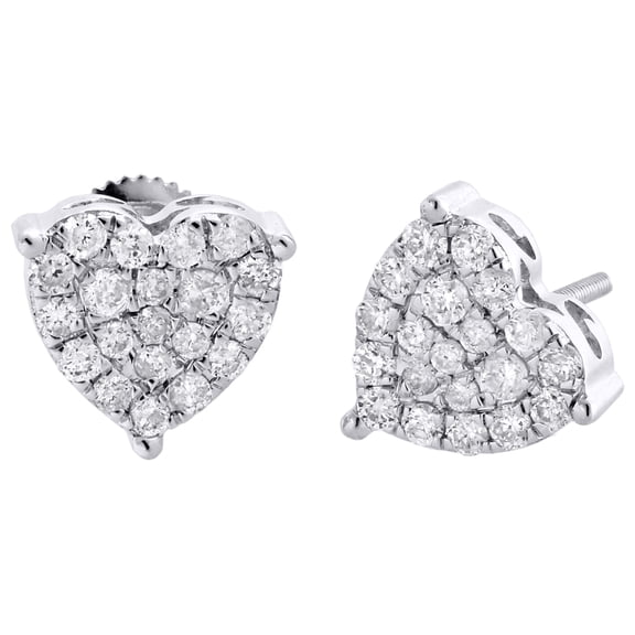 10K White Gold Diamond Heart Shape 3 Prong Studs Womens Fancy Earrings 3/4 CT.