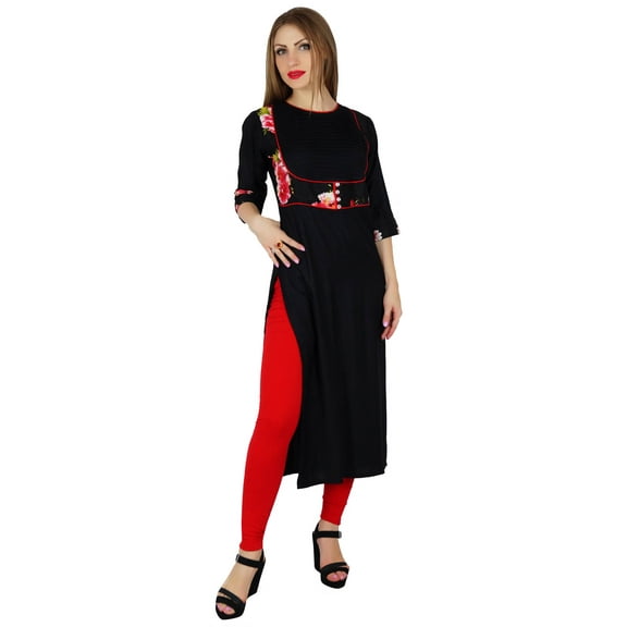Bimba Women Straight Black Kurta Kurti w/ Printed Yoke Classic Chic Tunic